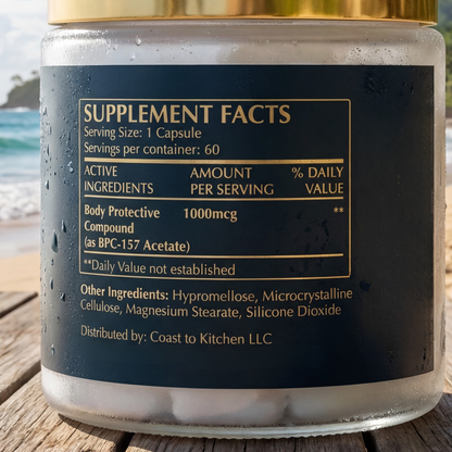BPC-157 supplement facts label 1000mcg Coast to Kitchen capsules