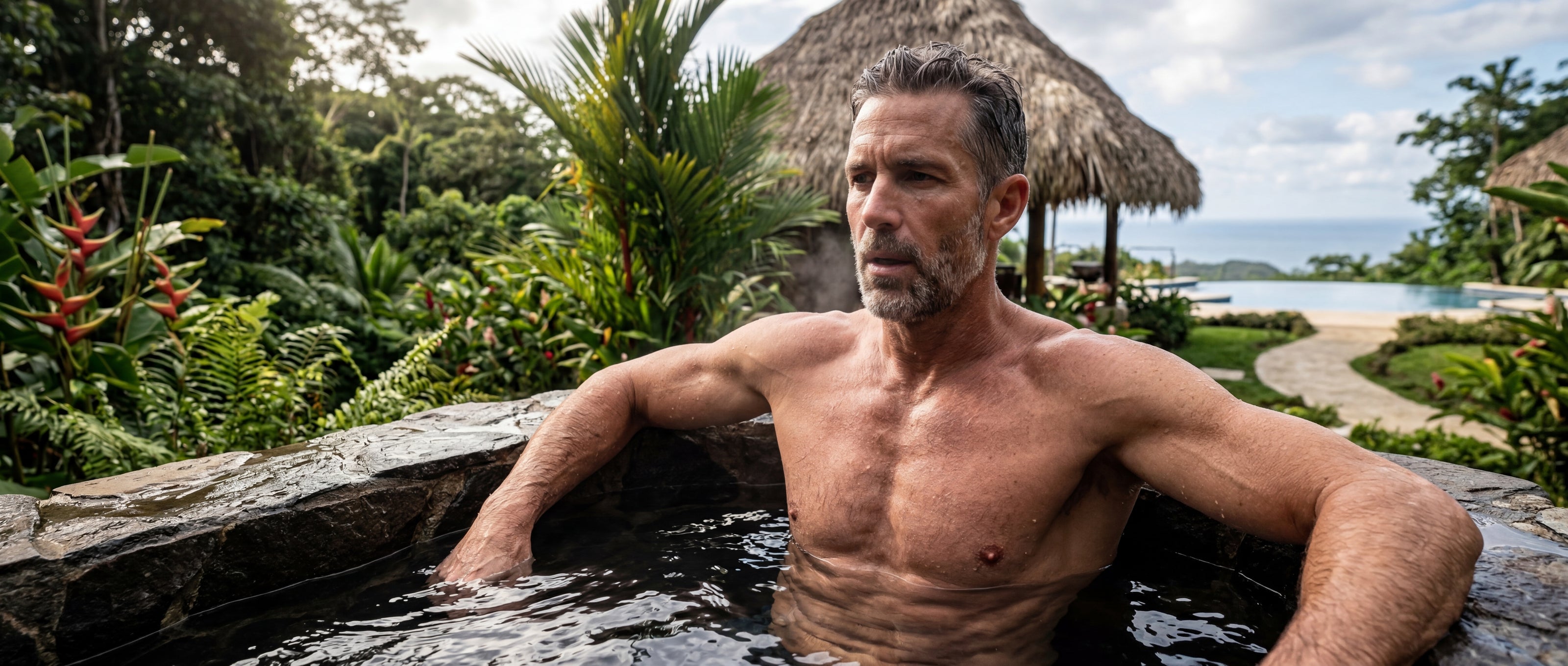 man relaxing in hot tub outdoor recovery wellness lifestyle