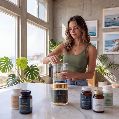 woman preparing smoothie with Coast to Kitchen supplement capsules